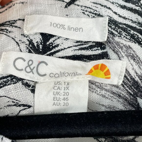 C&C California Womens Plus 1X 100% Linen Black White Floral Button Up Tunic Top - Picture 3 of 12